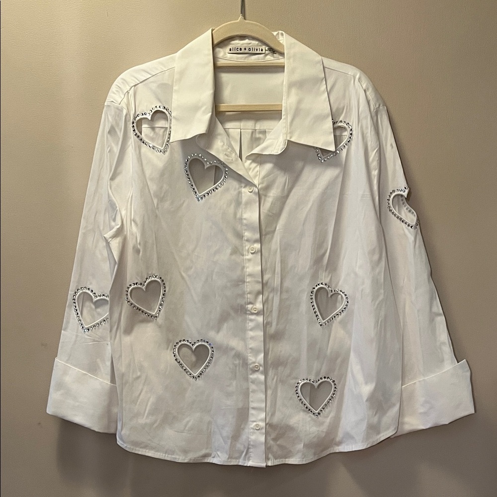 Alice + Olivia White Button down  Bejeweled Heart Cutout Blouse Sz XL.
